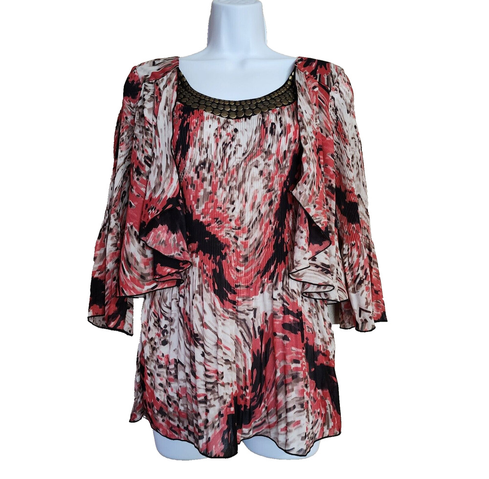 Nicola Womens Blouse Size S Pink Sheer Accordion Crinkle 3/4 Sleeve Pullover